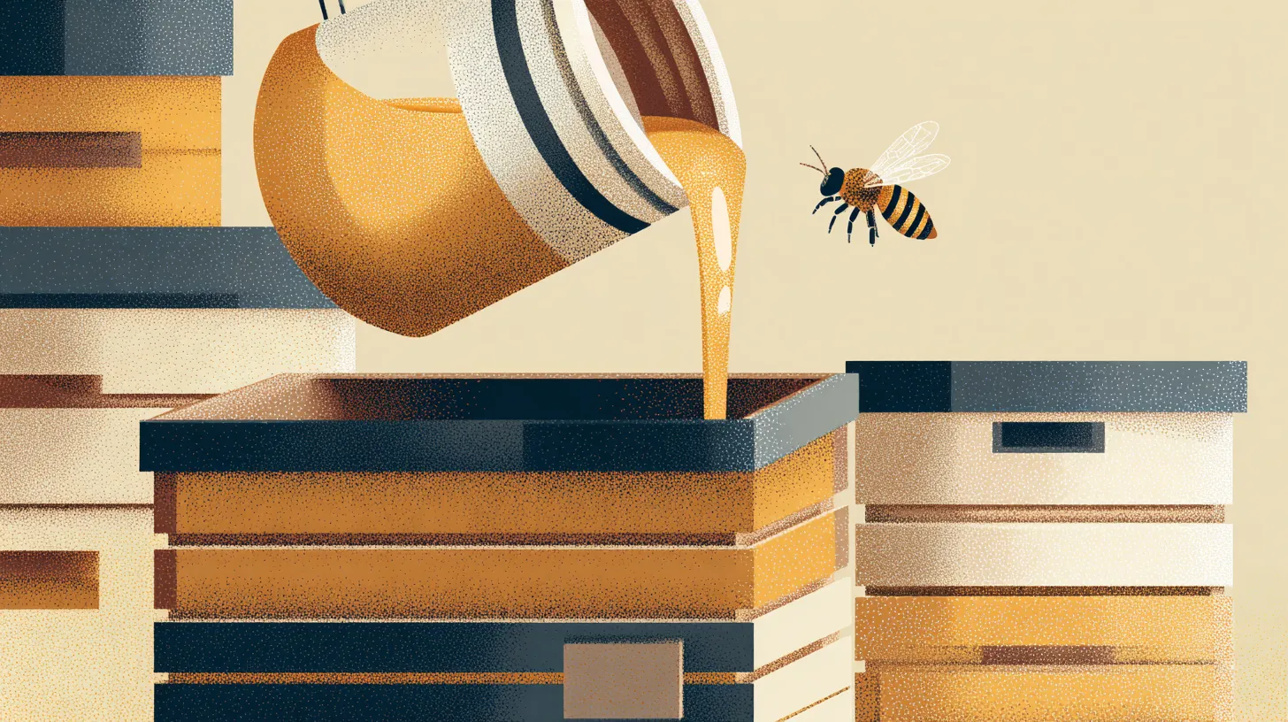 Illustration im Risodruck-Stil: Zuckersirup wird in die Futterzarge einer Beute gegossen